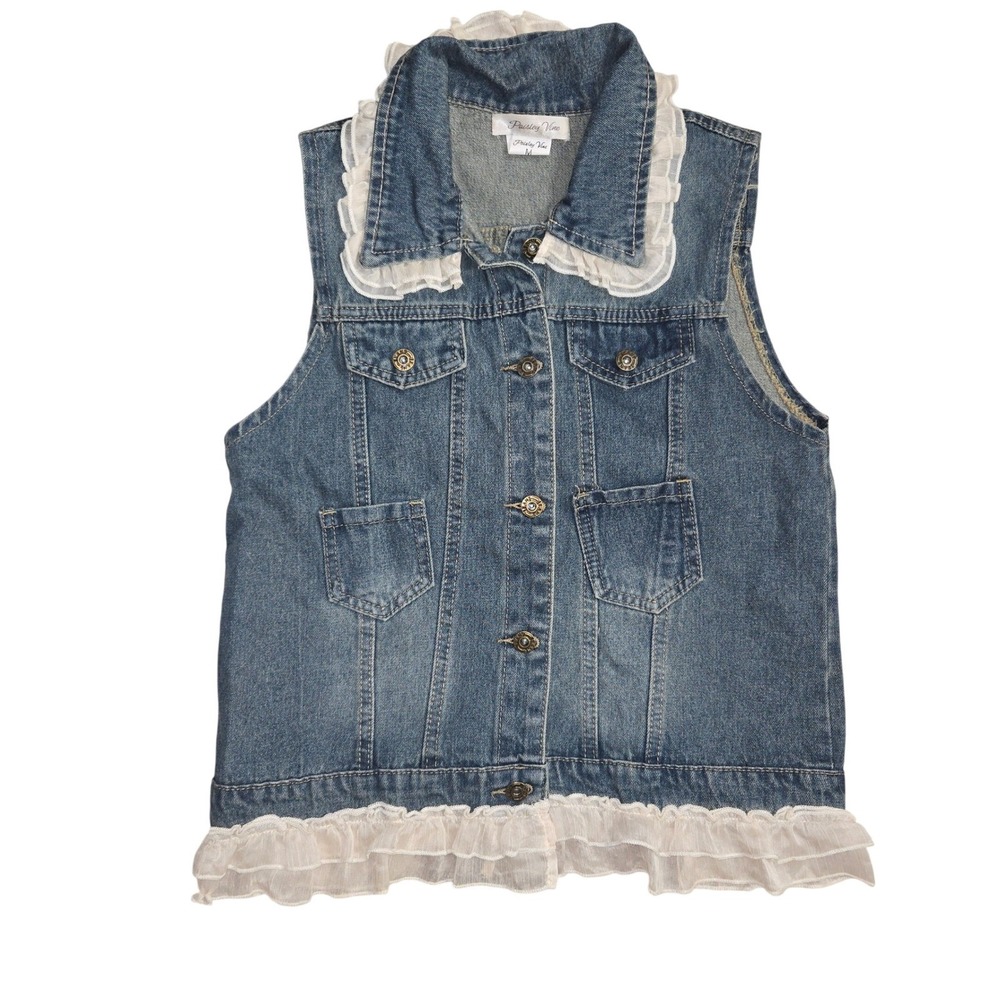 Paisley Vine Denim Vest Lace Trim Coquette Button Front Boho Womens M Western - Picture 2 of 12